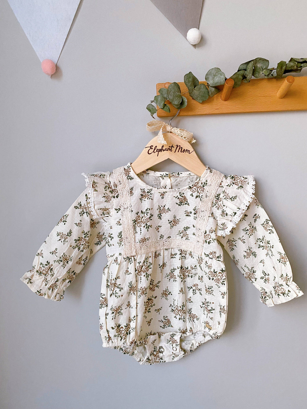 Elephant Mom - Baby Apricot Blossoms Muslin Romper Dress Outfit   3 m