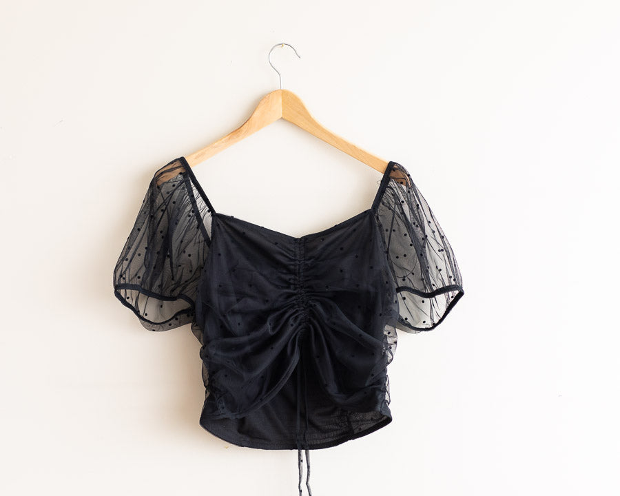 Black mesh puff sleeved short shirt. sz med