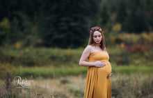Heather Gown, Flowing Stretch Knit Maternity Dress, Maxi Style Maternity Gown, Gold