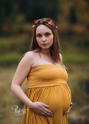 Heather Gown, Flowing Stretch Knit Maternity Dress, Maxi Style Maternity Gown, Gold